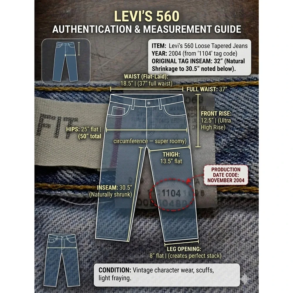 VTG 2004 Levi's 560 Loose Tapered Baggy Y2K Jeans Light Wash 37x30.5 Tag 38x32